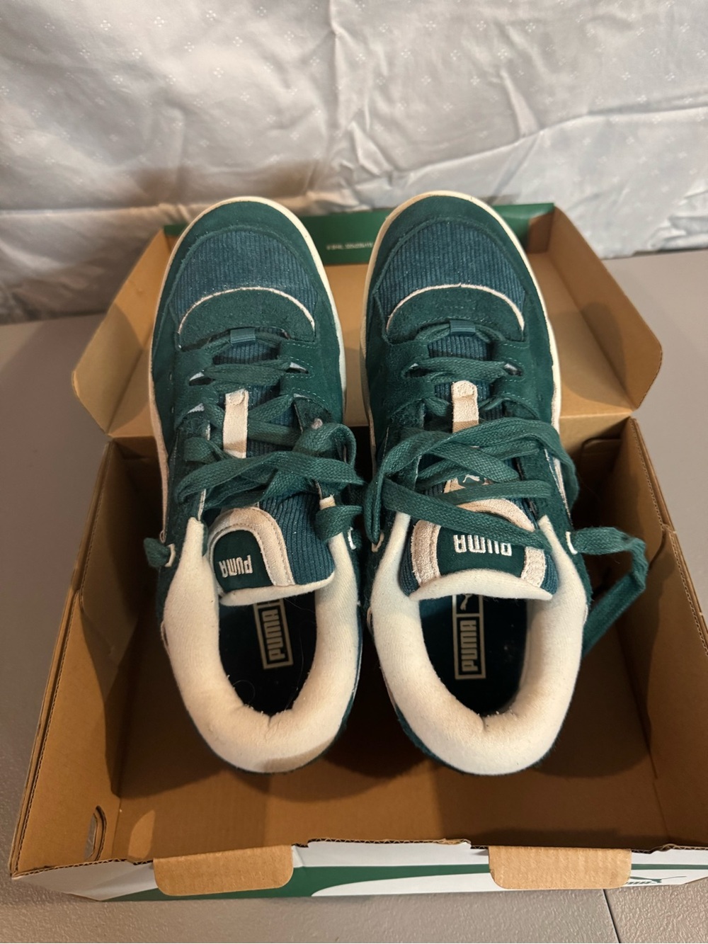 Puma Teal Corduroy Low-Top Sneakers with White Lining